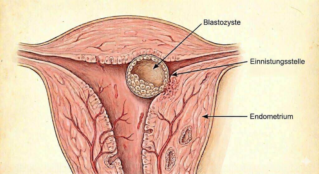 Medizinische Darstellung einer Blastozyste, die sich in die Gebärmutterschleimhaut einnistet, mit Beschriftungen für Blastozyste, Endometrium und Implantationsstelle