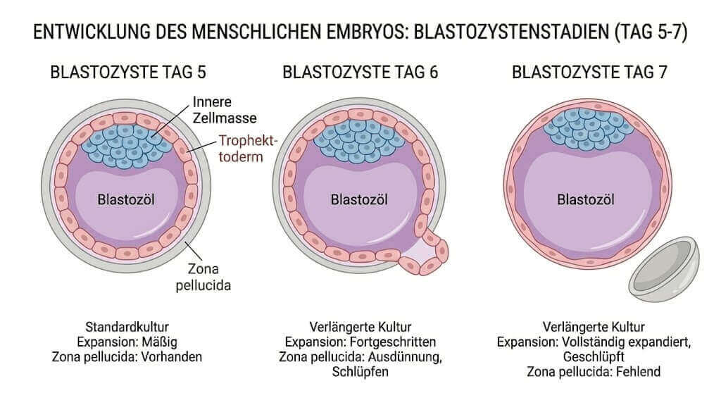 Vergleich der Entwicklungsstadien von Blastozysten Tag 5, Tag 6 und Tag 7