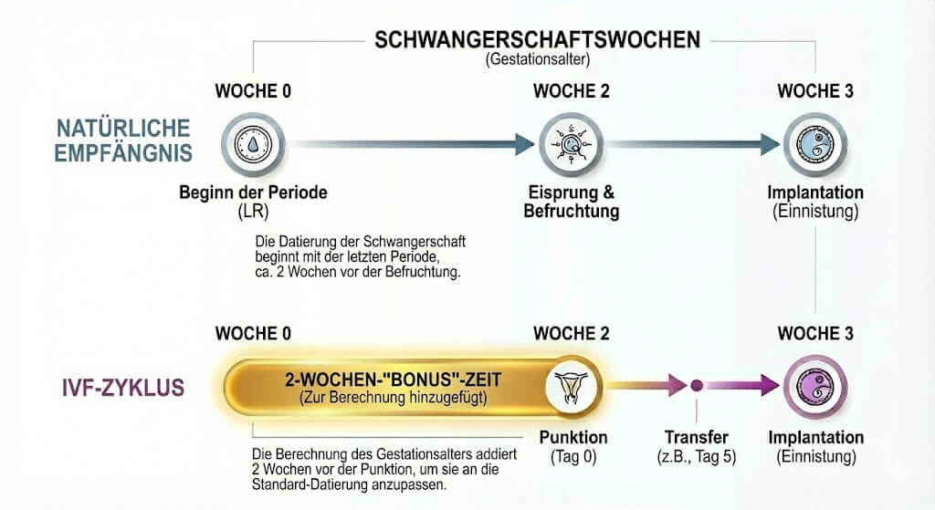Vergleich zwischen Zeitverlauf einer natürlichen Empfängnis und eines IVF‑Zyklus mit Menstruation, Eisprung, Punktion, Transfer und Implantation