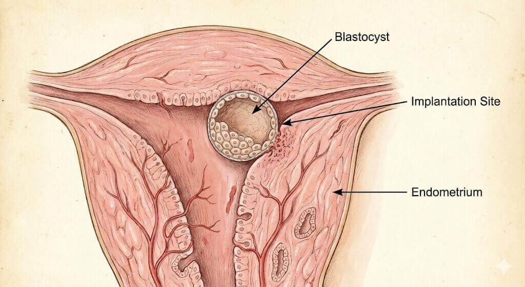 Medical diagram of a blastocyst implanting into the uterine lining with labels for blastocyst, endometrium and implantation site
