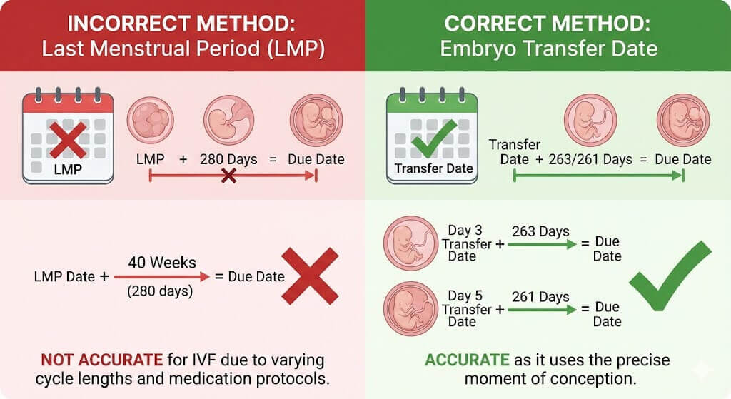 Comparison of correct vs incorrect IVF due date calculation methods
