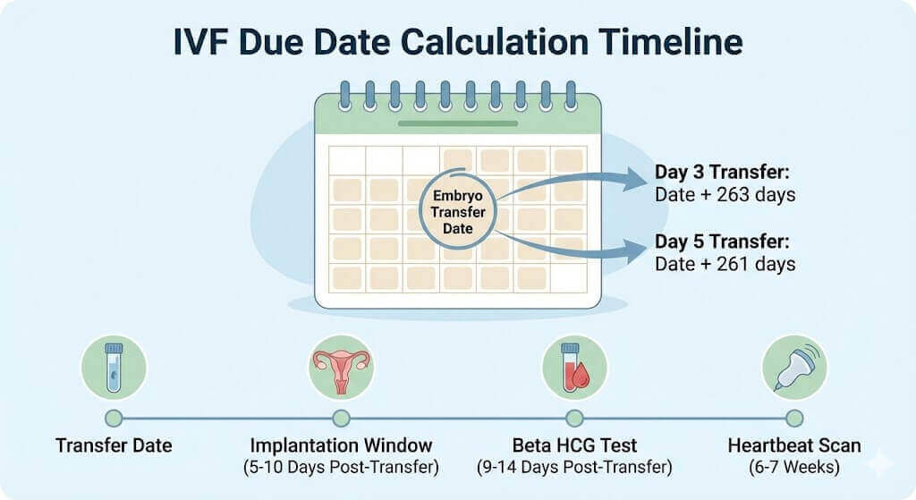 IVF due date calculation timeline showing Day 3 and Day 5 formulas with key milestones