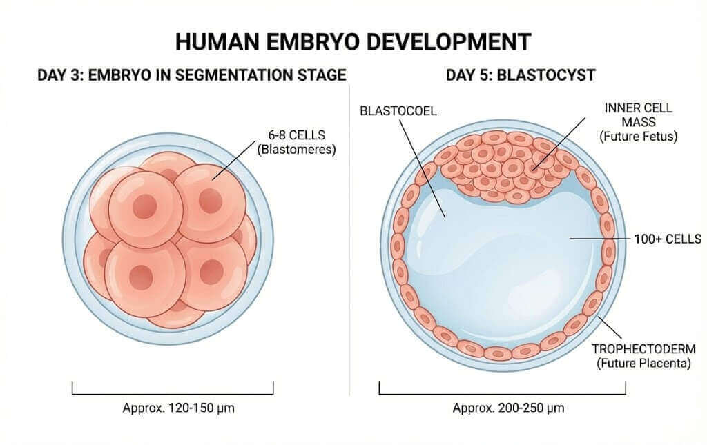 Side-by-side comparison of Day 3 cleavage stage vs Day 5 blastocyst stage embryos