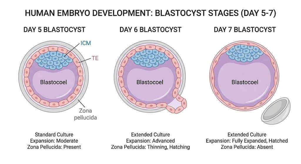 Comparison of Day 5, Day 6, and Day 7 blastocyst development stages