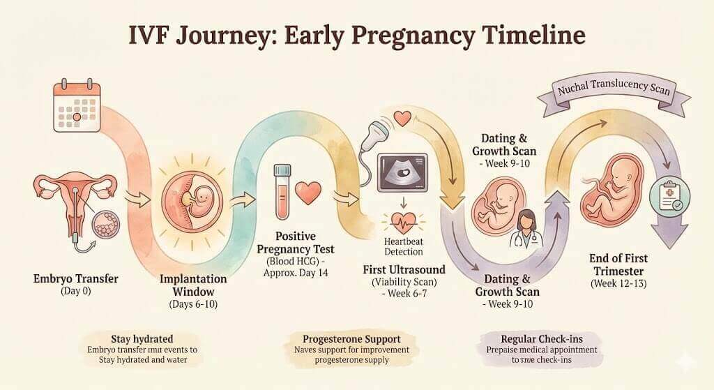 Complete pregnancy timeline for IVF pregnancies from transfer through first trimester