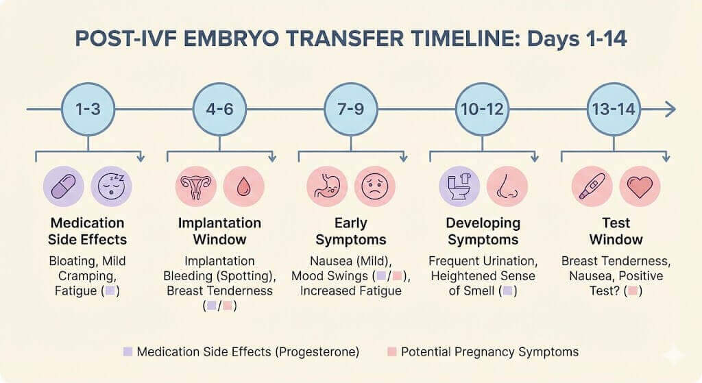 Timeline showing pregnancy symptoms after IVF embryo transfer