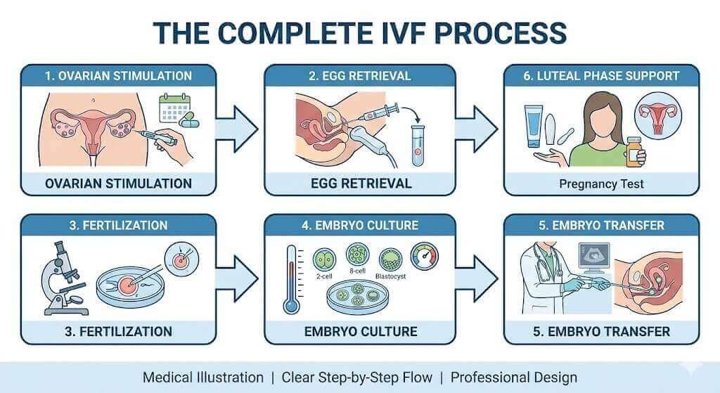 Complete flowchart of the IVF process showing all 6 main steps