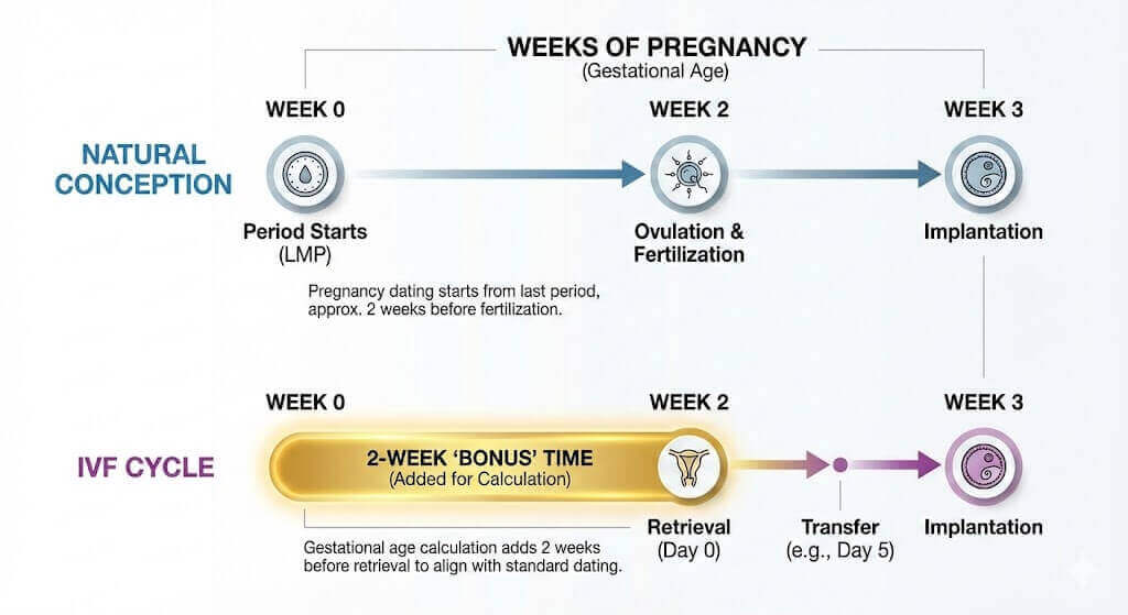 Comparison of natural conception and IVF cycle timelines, showing period, ovulation, retrieval, transfer and implantation