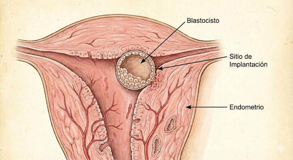 Diagrama médico de un blastocisto implantándose en el endometrio, con etiquetas para blastocisto, endometrio y sitio de implantación