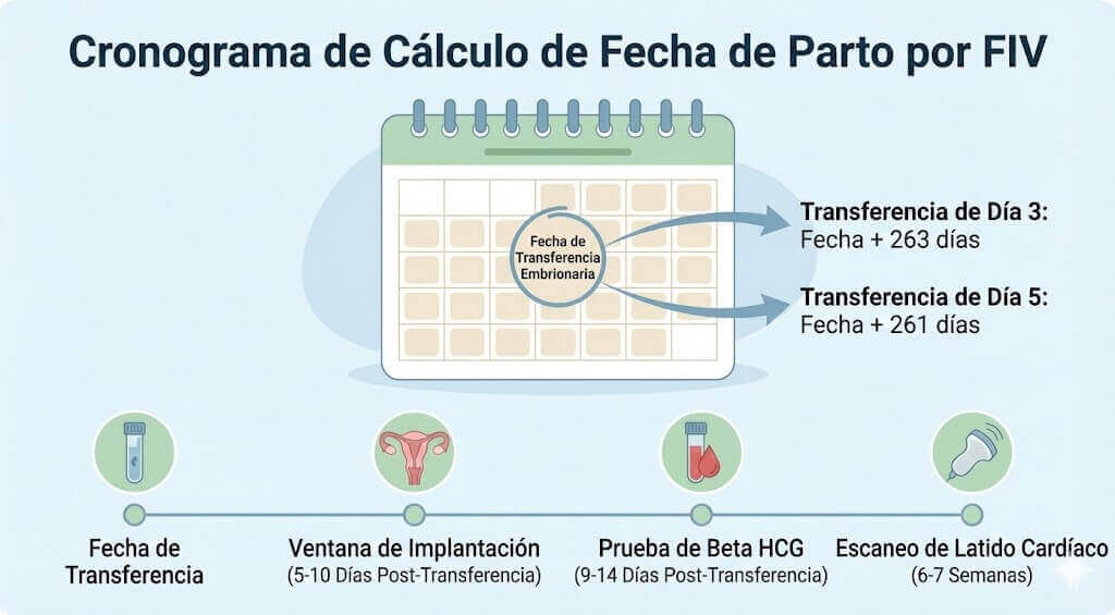 Línea de tiempo de cálculo de fecha de parto FIV mostrando fórmulas de Día 3 y Día 5 con hitos clave