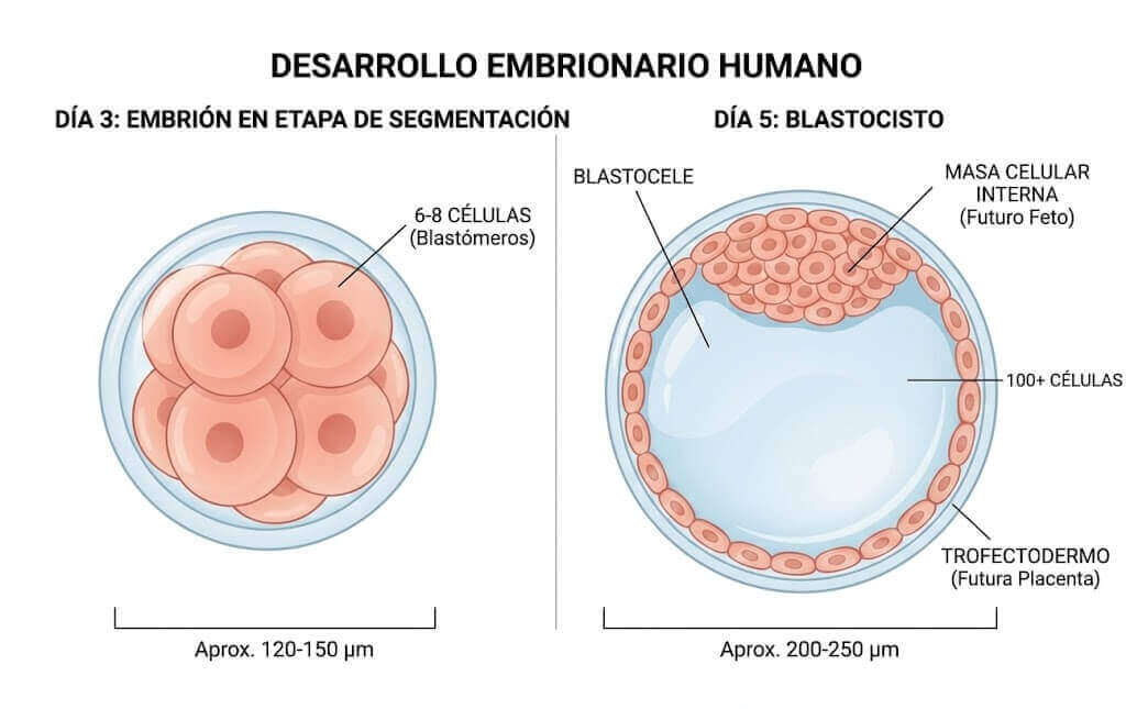 Comparación lado a lado de embriones en etapa de segmentación Día 3 vs etapa de blastocisto Día 5