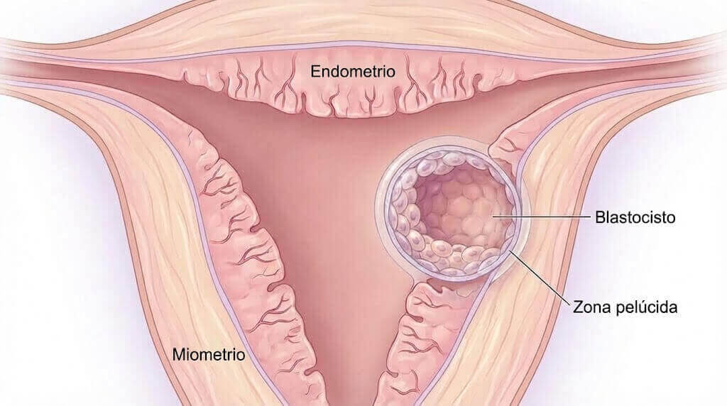 Ilustración de un embrión implantándose en el revestimiento uterino durante la espera de dos semanas de FIV