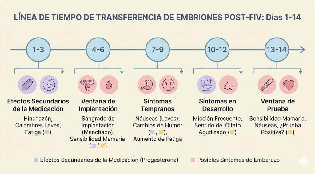 Línea de tiempo mostrando los síntomas de embarazo después de la transferencia de embrión FIV