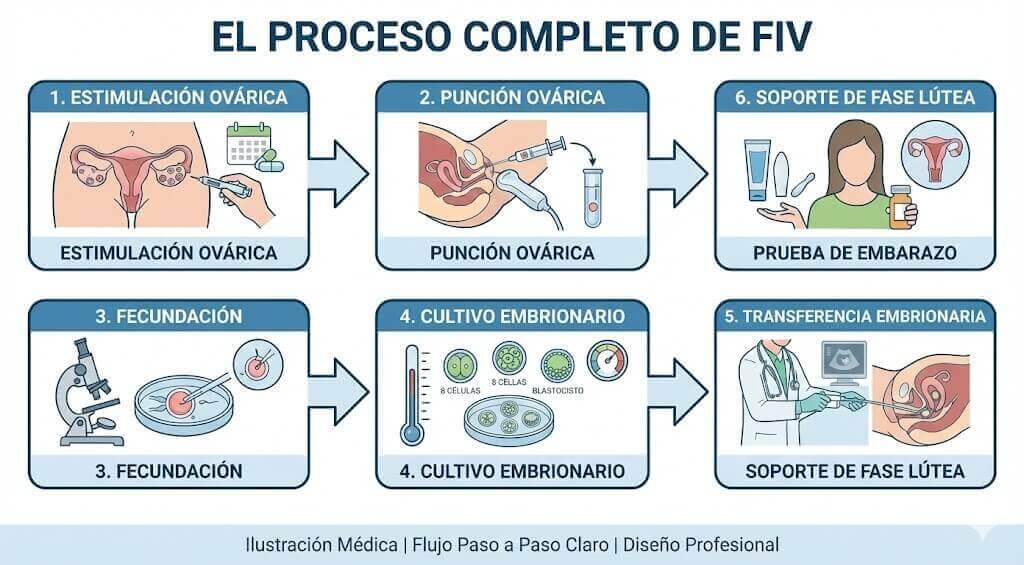 Diagrama de flujo completo del proceso FIV mostrando los 6 pasos principales