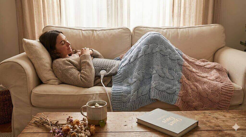 Descansando con almohadilla térmica y té para la recuperación de FIV