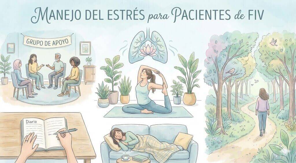 Varias técnicas de manejo del estrés para pacientes de FIV incluyendo meditación, yoga y relajación