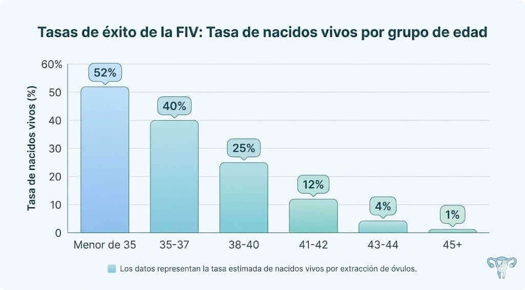 Gráfico mostrando las tasas de éxito de FIV por grupos de edad