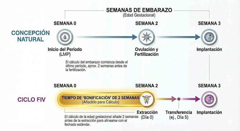 Comparación entre cronograma de concepción natural y ciclo FIV, mostrando período, ovulación, punción, transferencia e implantación