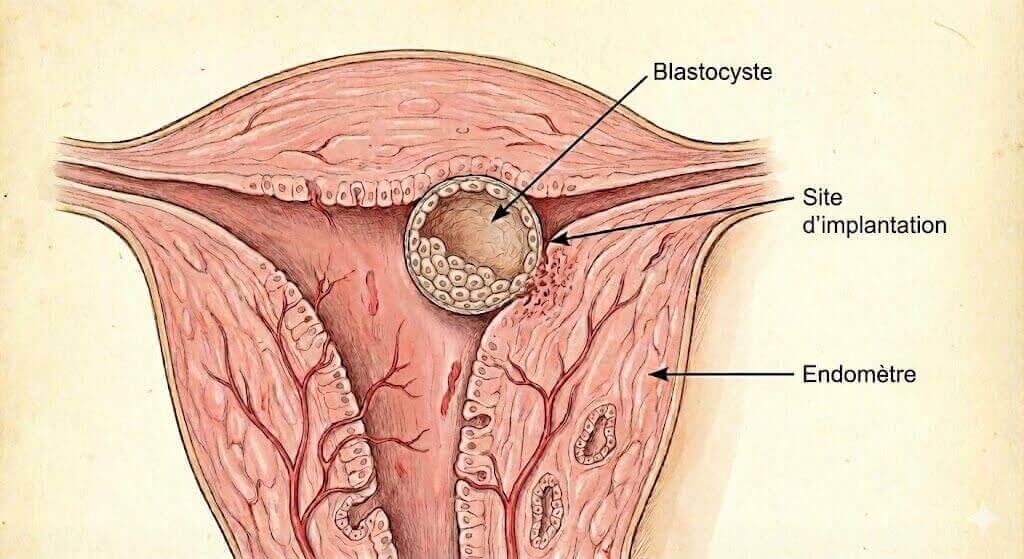 Schéma médical d’un blastocyste s’implantant dans l’endomètre, avec légendes pour blastocyste, endomètre et site d’implantation