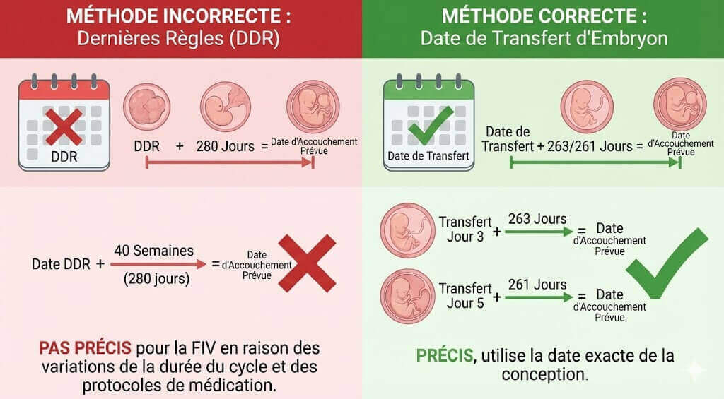 Comparaison des méthodes correctes vs incorrectes pour calculer la date d'accouchement FIV