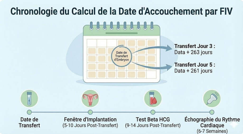 Chronologie du calcul de la date d'accouchement FIV montrant les formules Jour 3 et Jour 5 avec étapes clés