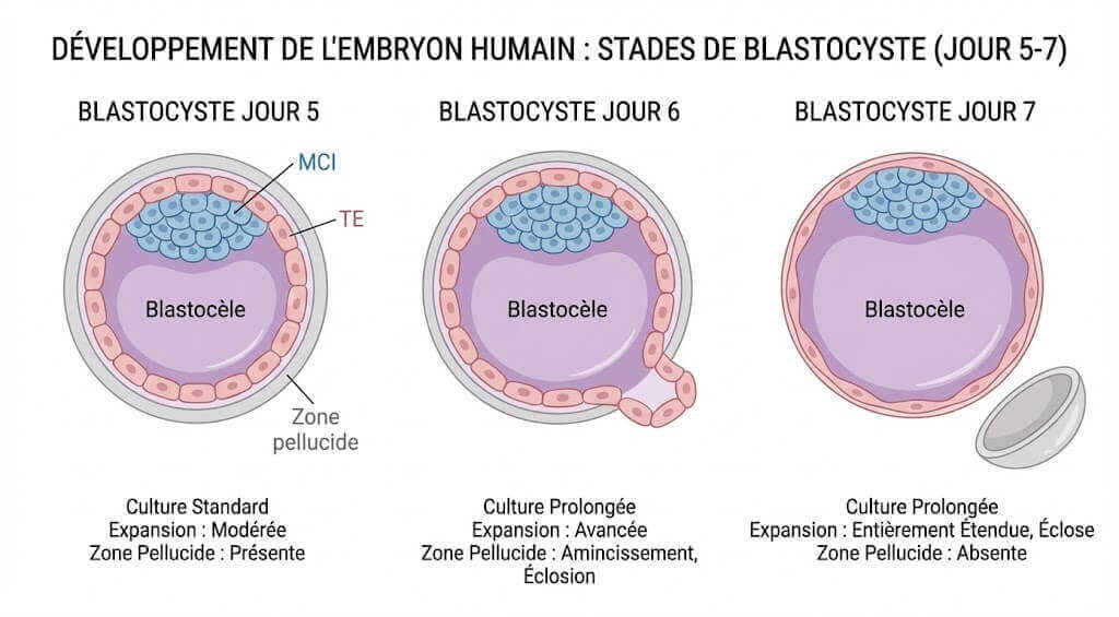 Comparaison des stades de développement des blastocystes Jour 5, Jour 6 et Jour 7
