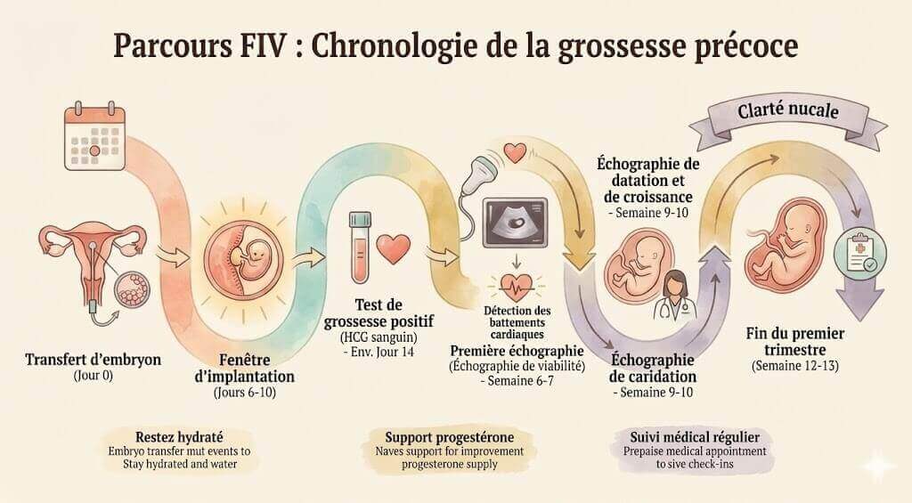 Chronologie complète de la grossesse pour les grossesses FIV du transfert jusqu'au premier trimestre