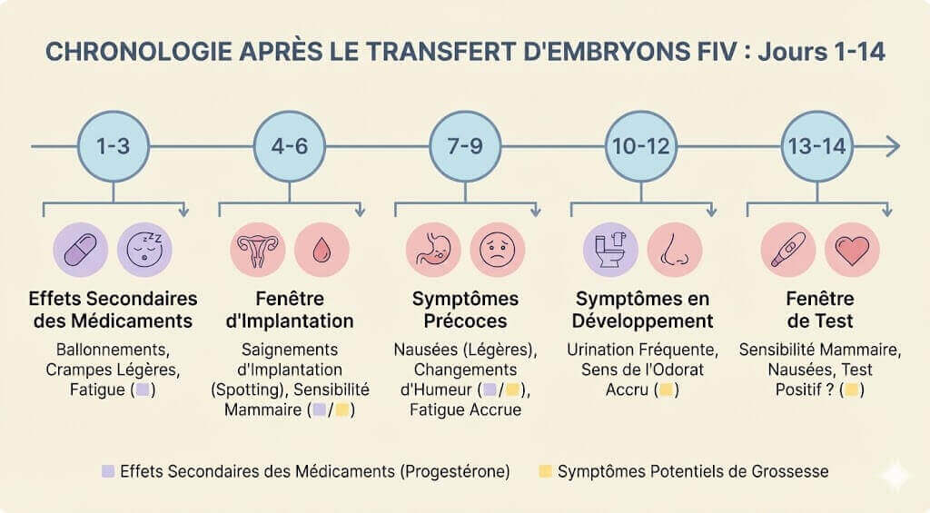 Chronologie montrant les symptômes de grossesse après le transfert d'embryon FIV