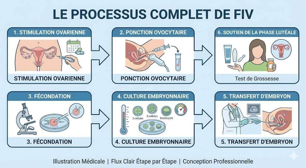 Diagramme de flux complet du processus FIV montrant les 6 étapes principales