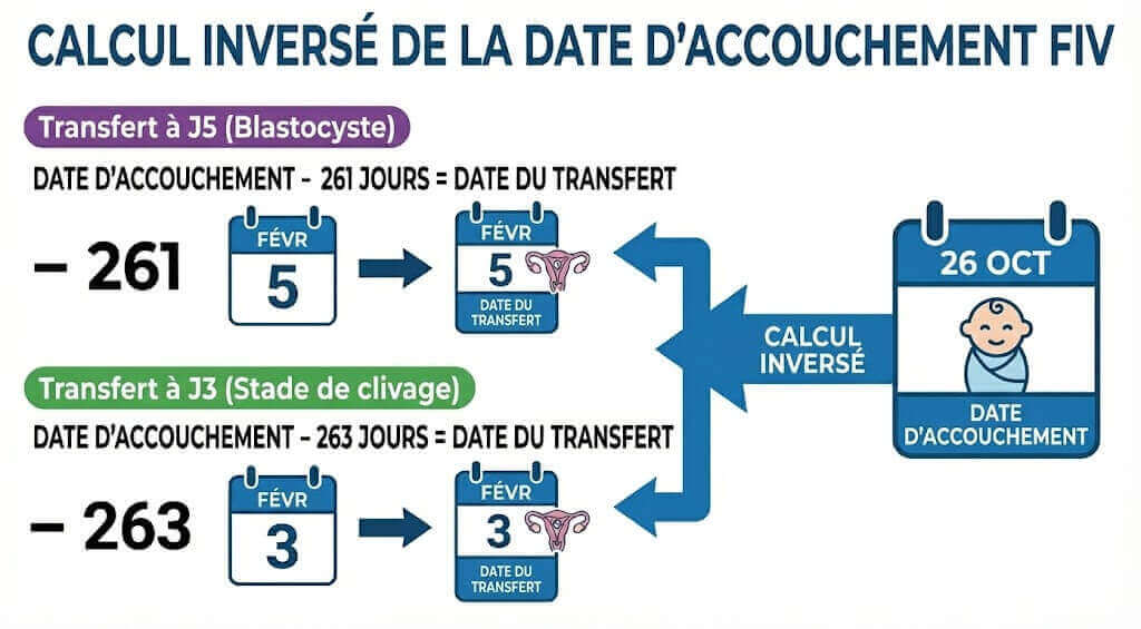 Diagramme visuel montrant le processus de calcul inversé de la date d'accouchement FIV