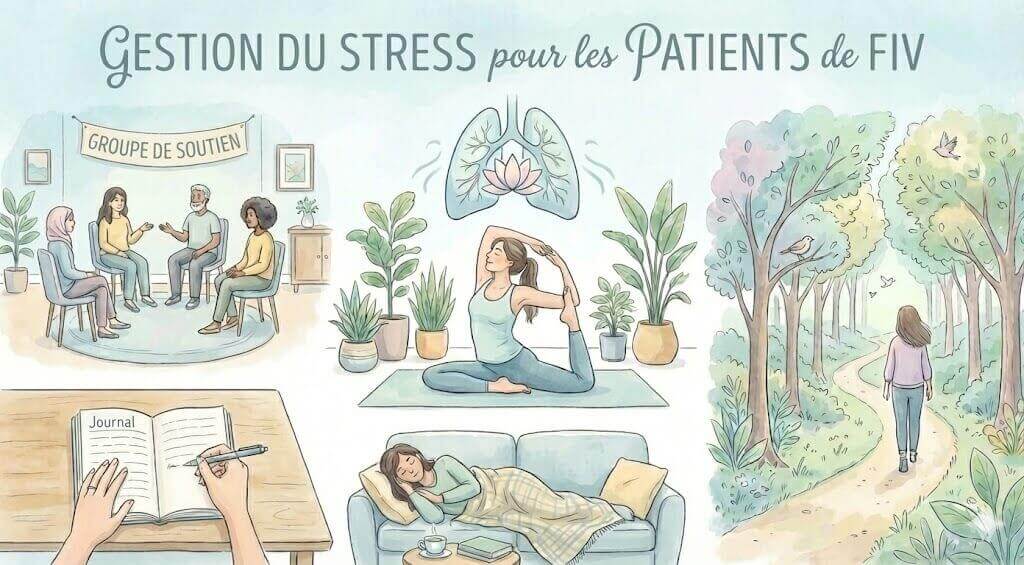 Diverses techniques de gestion du stress pour les patientes FIV incluant méditation, yoga et relaxation