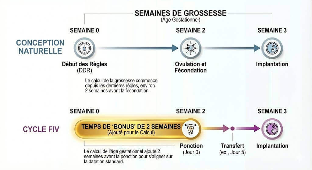 Comparaison entre la chronologie d’une conception naturelle et un cycle FIV, montrant règles, ovulation, ponction, transfert et implantation