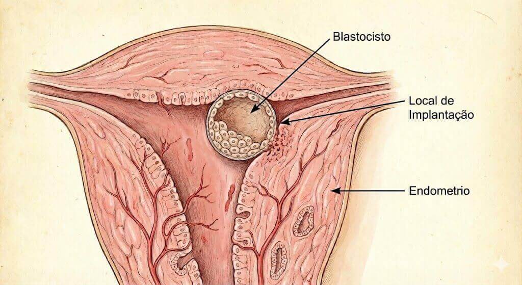 Diagrama médico de um blastocisto implantando no endométrio com rótulos para blastocisto, endométrio e local de implantação
