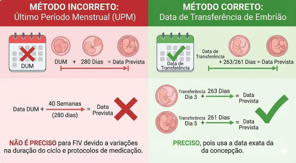 Comparação de métodos corretos vs incorretos para calcular a data de parto FIV
