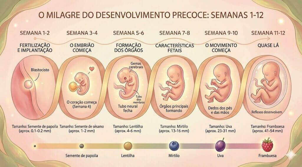 Linha do tempo do desenvolvimento fetal das semanas 1-12 da gravidez
