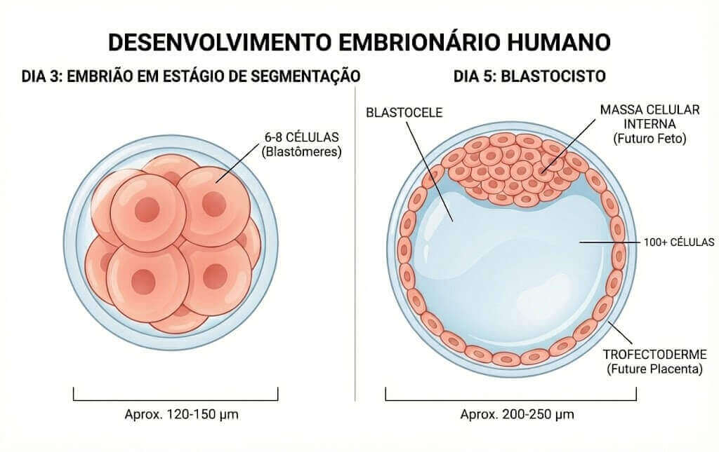 Comparação lado a lado de embriões em estágio de clivagem Dia 3 vs estágio de blastocisto Dia 5