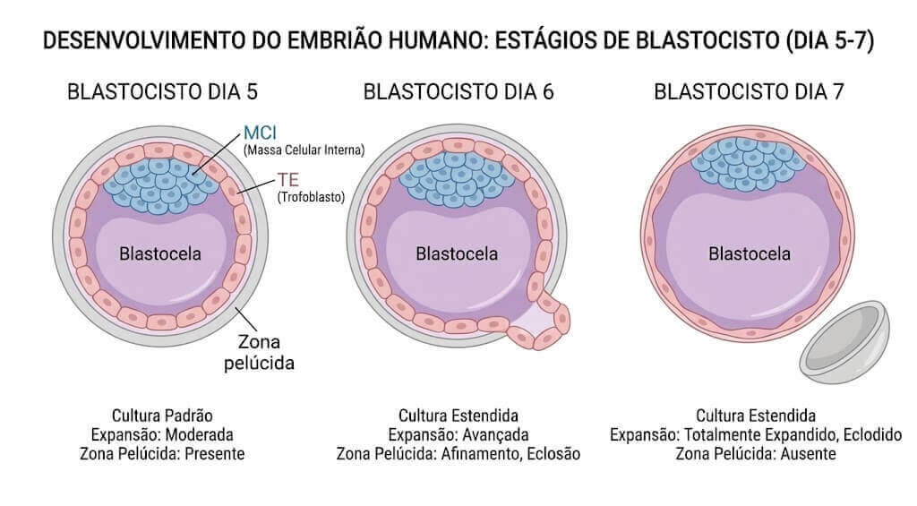 Comparação das etapas de desenvolvimento de blastocistos Dia 5, Dia 6 e Dia 7