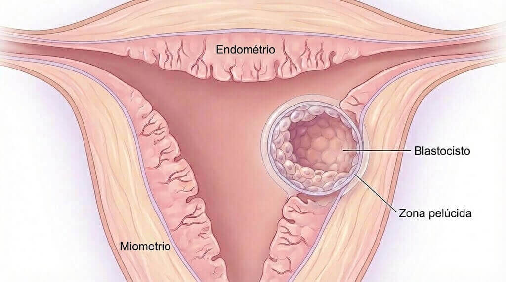 Ilustração de um embrião se implantando no revestimiento uterino durante a espera de duas semanas de FIV