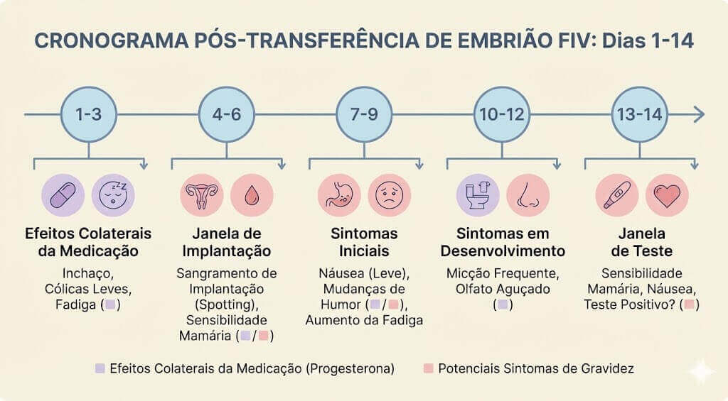 Linha do tempo mostrando os sintomas de gravidez após a transferência de embrião FIV