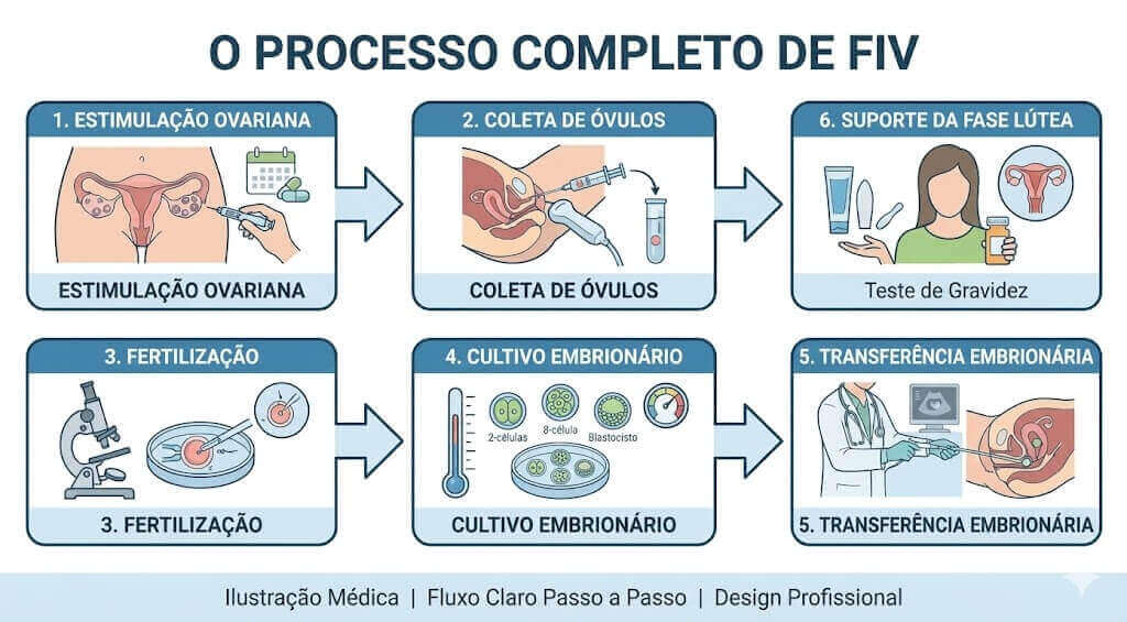 Diagrama de fluxo completo do processo FIV mostrando os 6 passos principais