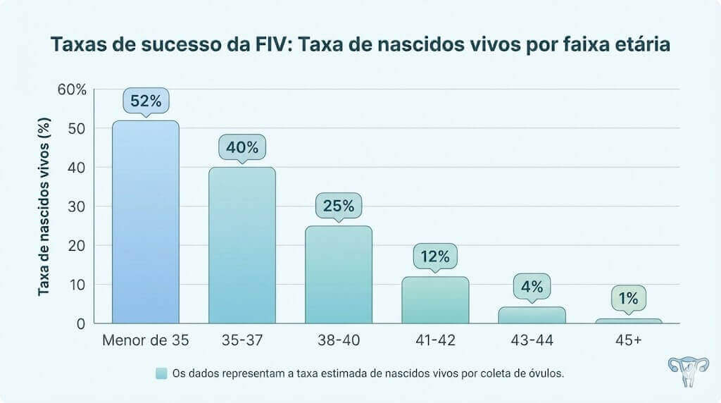 Gráfico mostrando as taxas de sucesso de FIV por grupos de idade
