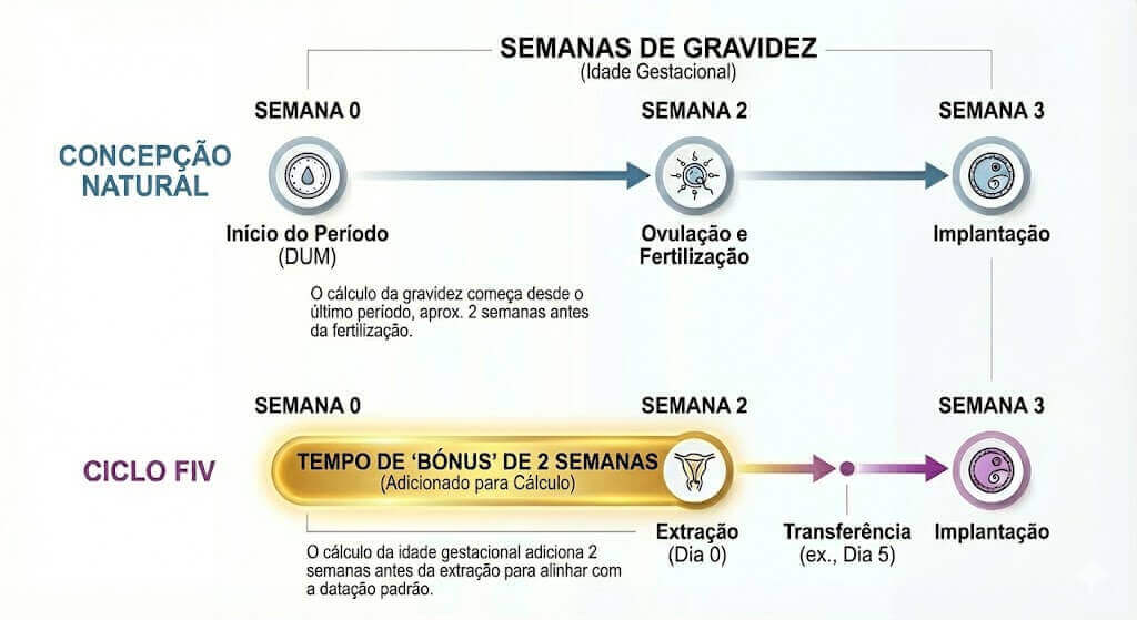 Comparação entre o cronograma de concepção natural e o ciclo de FIV, mostrando menstruação, ovulação, punção, transferência e implantação