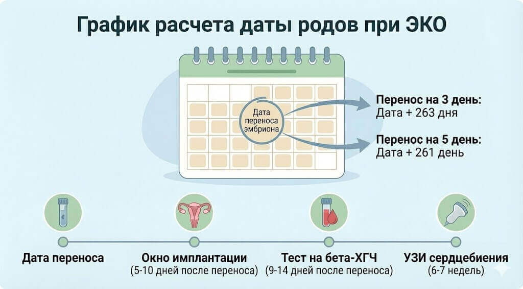 Временная шкала расчета срока родов ЭКО с формулами День 3 и День 5 и ключевыми этапами