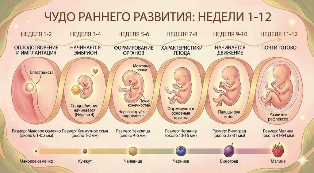 Временная шкала развития плода с недели 1-12 беременности