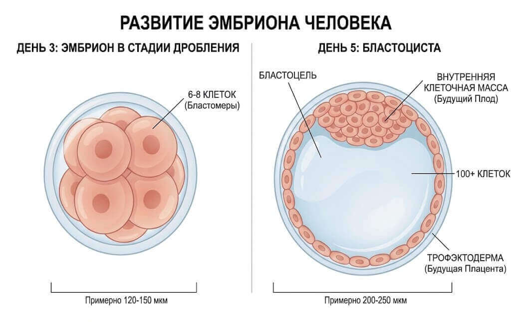 Сравнение эмбрионов на стадии дробления День 3 против стадии бластоцисты День 5