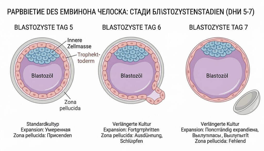 Сравнение стадий развития бластоцист День 5, День 6 и День 7