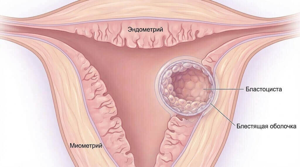 Иллюстрация эмбриона, имплантирующегося в слизистую оболочку матки во время двухнедельного ожидания ЭКО