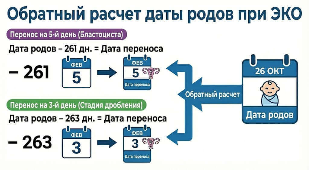 Визуальная диаграмма процесса обратного расчета срока родов ЭКО